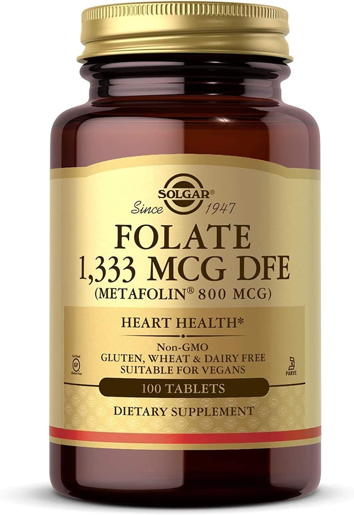 Solgar Folate 1,333 mcg DFE, 100 tabletter - 800 mcg Bio- Active Metafolin - Heart Health - Non- GMO, Vegan, Gluten Free, Dairy Free, Kosher - 100 Servere