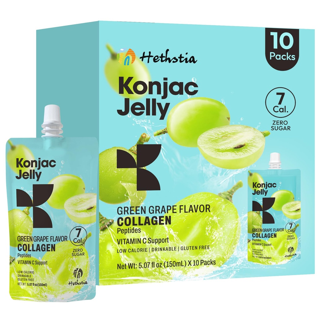 Hethstia Konjac Jelly Green Grape Flavor, 10 Pouches, Drinkable Grape Jelly med Collagen Peptider, 7 Kcal, Sugar Free, Gluten Free, Keto, Vegan, On- The- Go Chewy Light Snacks