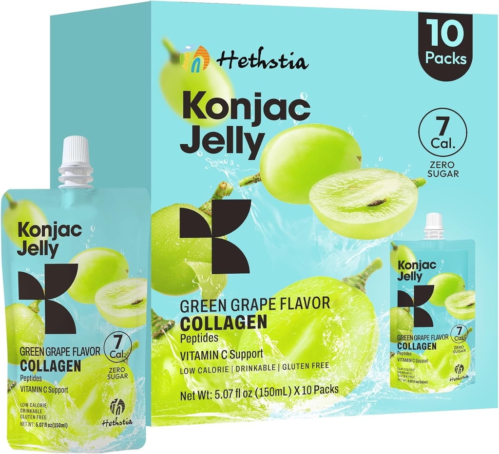 Hethstia Konjac Jelly Green Grape Flavor, 10 Pouches, Drinkable Grape Jelly med Collagen Peptider, 7 Kcal, Sugar Free, Gluten Free, Keto, Vegan, On- The- Go Chewy Light Snacks