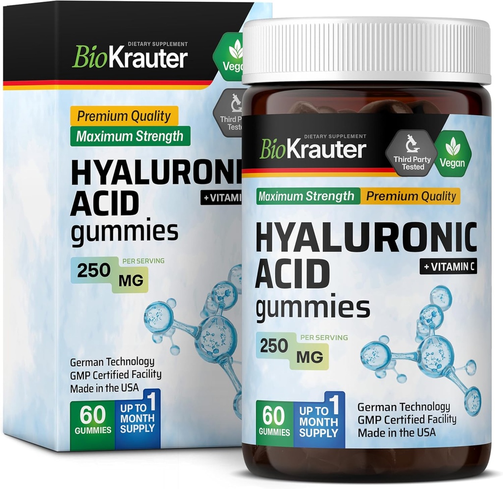 BIO KRAUTER Hyaluronsyre Gummies w / C-vitamin - 250 mg - 60 Vegan Chews - Hyaluronsyre Kosttilskud - Pectin- baseret