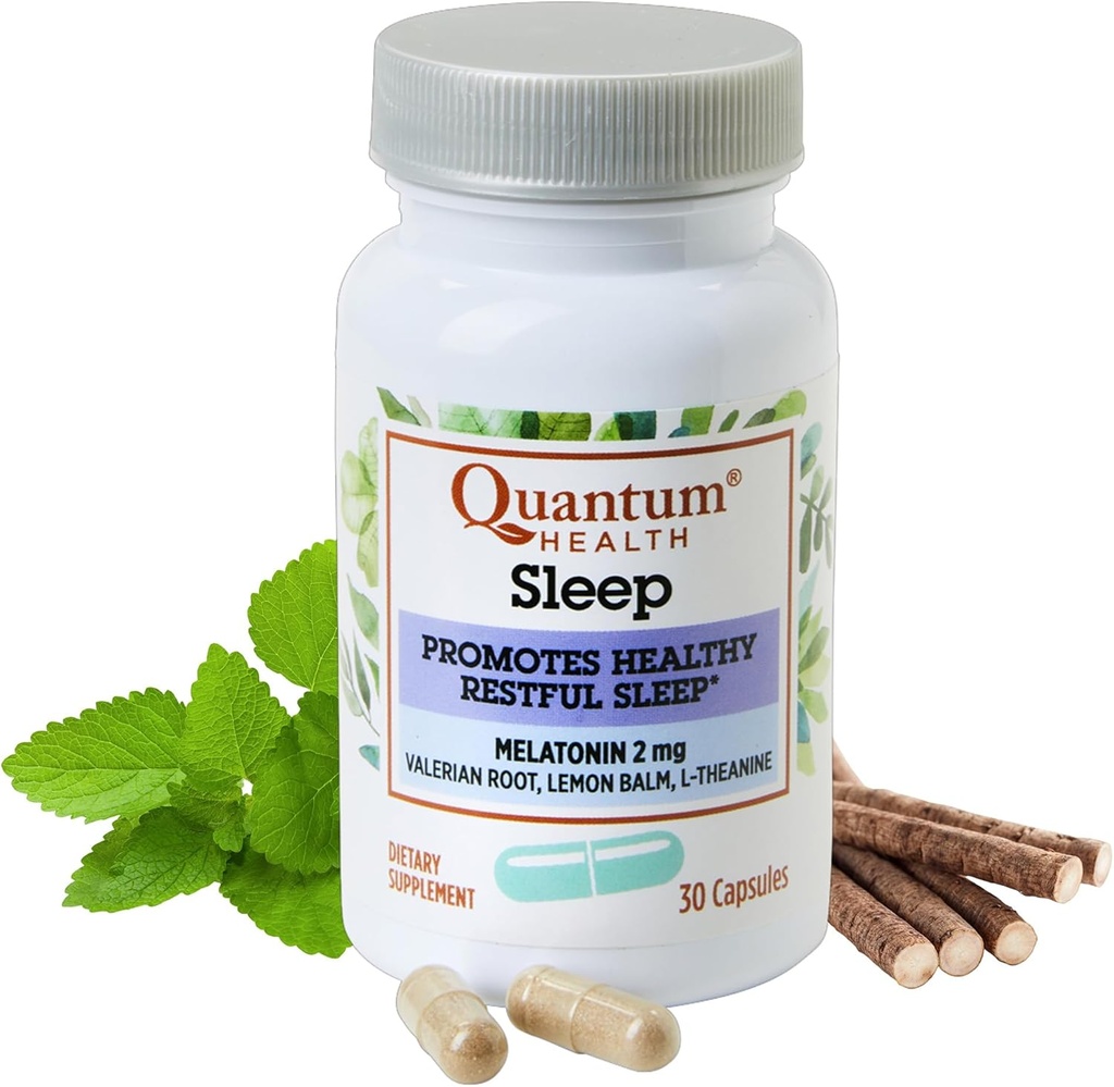Quantum Health Sleep Melatonin 2 mg Sund Rensning Sleep Support Blend med afslappende Valerian Root, Lemon Balm & L Theanine Daglige Mind & Body godt være for kvinder og mænd - 30 kapsler