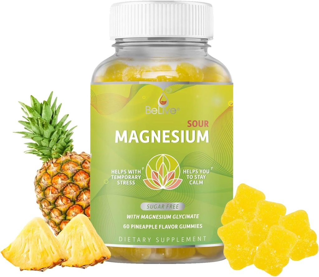 BeLive Magnesium Gummies 200mg - 60 Ct - 124; Magnesium Glycinate Kosttilskud til afslapning, Stress Relief, og søvn for voksne & Børn - Tasty og Tangy Ananas Arv