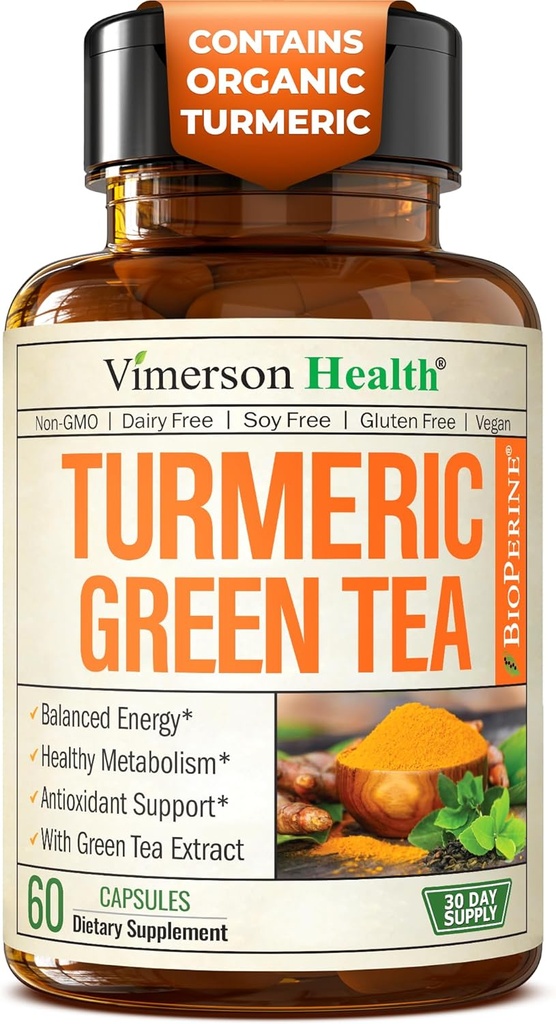 Gurkemeje Curcumin Supplement med Green Tea Extract (ECGC) & C-vitamin til fælles sundhed, energi & inflation Balance - Organic Tumerisk Curcumin med sort peber - Gluten- fri, ikke-GMO - 60 kapsler