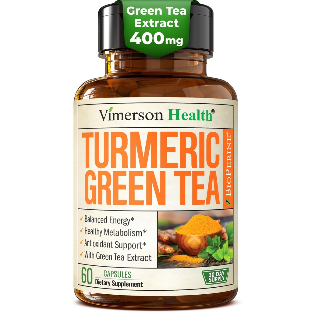 Gurkemeje Curcumin Supplement med Green Tea Extract (ECGC) & C-vitamin til fælles sundhed, energi & inflation Balance - Organic Tumerisk Curcumin med sort peber - Gluten- fri, ikke-GMO - 60 kapsler