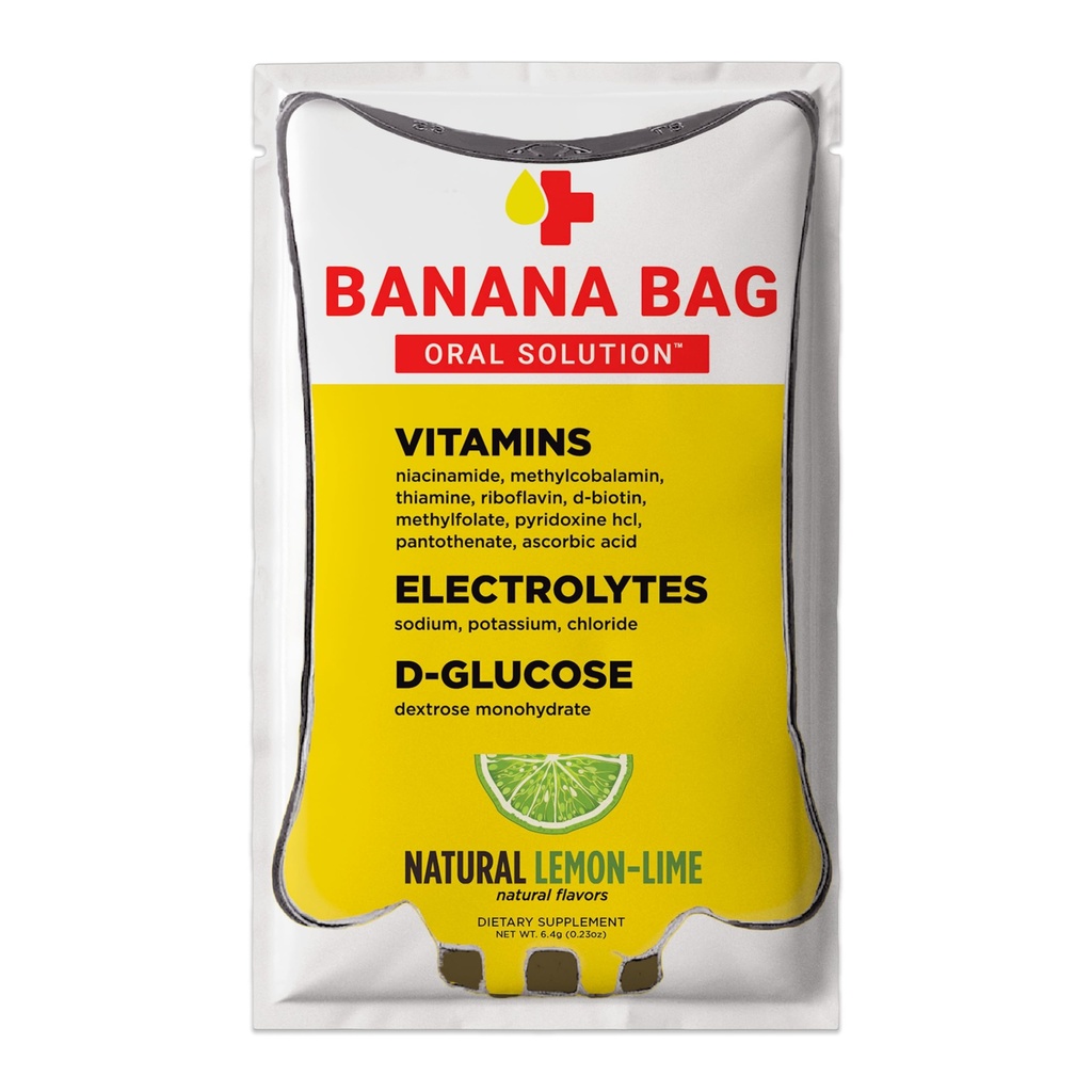 Bananpose Oral Solution Pakker - Natural Lemon Lime 15stk. 124; En genopfriskende blend af elektrolyter, C-vitamin, og B-kompleks til daglig hydrering og energi nogensinde 124; perfekt til enhver livsstil.