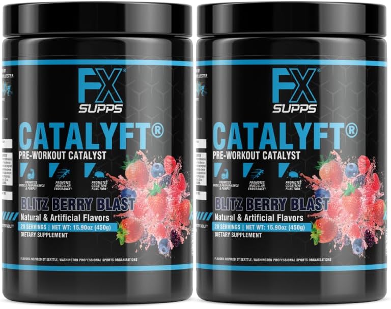 FXSUPPS Catalyft Pre- Workout Powder Drikke til mænd og kvinder Blitz Berry Blast Mix med Creatin, Koffein & Beta- Alanine Budd124; Bedste til energipumpe, MuskelGain & Focus, 40 Serveringer (2-Pack)