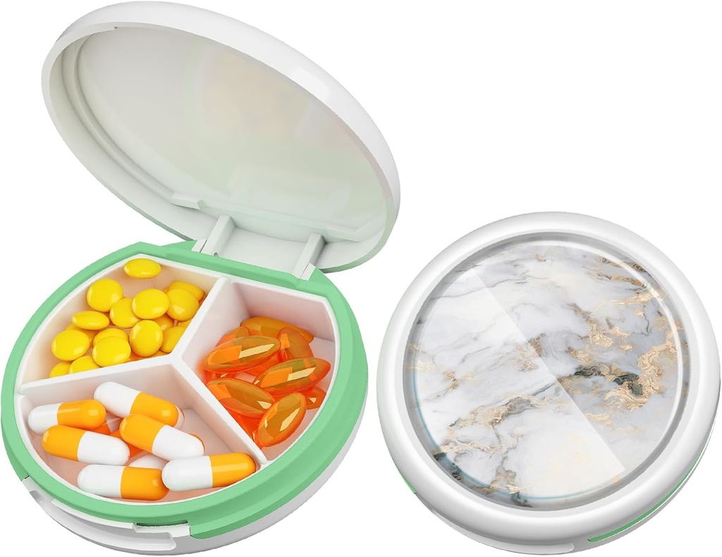 Serfeymi Small Pill Box - 3 Compartments Portable Pill Box for Purse Pocket, Compact Mini Travel Pill Case - Suitable for Medicine, Vitamin, Fish Oil, Supplements - White(Marble)