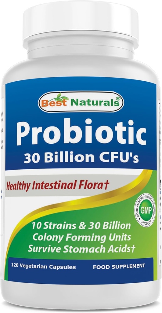 Bedste Naturals Probiotiske 10 Stammer & 30 Millioner CFU Intestinal Flora, 120 Veggie Kapsler - Hylde Stabil probiotisk (4146365)