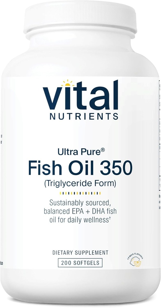 Vital Nutrients Ultra Pure ® Fish Oil 350 - 124; Understøtter hjerte, hjerne, og immunforsvar * 124; Vedvarende souffed EPA & DHA Omega-3 Fedtsyre- 124; Lemon Flavor - 124; Gluten, Dairy, Soy Free - 124; 200 Softgels