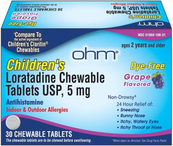 Ohm Children 's Loratadine Chewable Tablets, Dye Free, Grape, Non- Drowsy 24h Relief of Snezing, Runny Nose, Itchy Watery Eyes, Hals eller Næse, Antihistamin, Indoor & Outdoor Allergier, 5mg, 60 Tablets