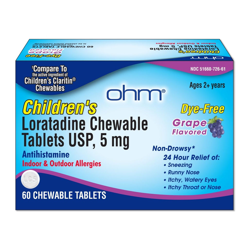 Ohm Children 's Loratadine Chewable Tablets, Dye Free, Grape, Non- Drowsy 24h Relief of Snezing, Runny Nose, Itchy Watery Eyes, Hals eller Næse, Antihistamin, Indoor & Outdoor Allergier, 5mg, 60 Tablets