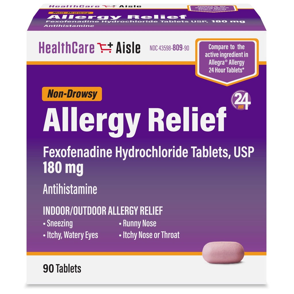HealthCareAisle Allergy Relief - Fexofenadine Hydrochloride Tablets USP, 180 mg, 90 Tablets, Allergi Medicin, Non- Drowsy 24- Hour Relief