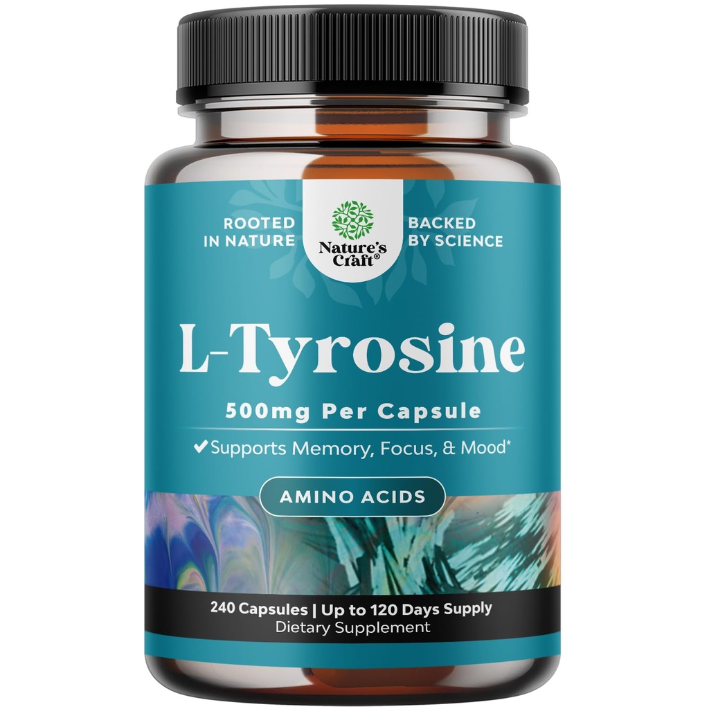 Gratis formular L Tyrosin 1000mg Per Servering - Høj styrke L -Tyrosin Supplement for energi og fokus support - Aminosyre Nootrop Supplement for fokus opmærksomhed og kognition - 240 Tæl