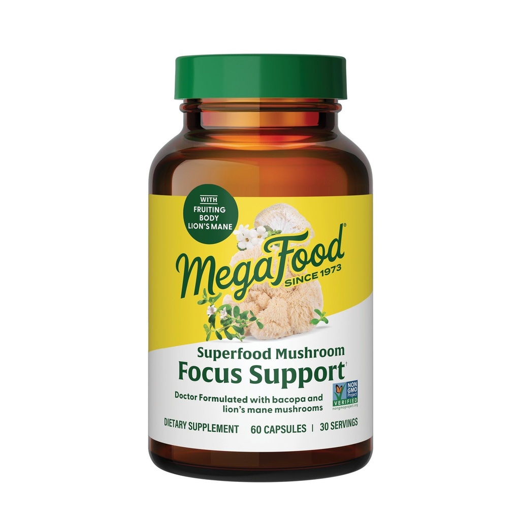 MegaFood Superfood Mushroom Focus Support - Doctor Formulated Lions Mane Supplement Kapsler - Lions Mane Mushroom Supplement med klinisk undersøgt Bacopa - Vegan - 60 Kapsler, 30 Servere