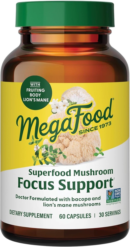 MegaFood Superfood Mushroom Focus Support - Doctor Formulated Lions Mane Supplement Kapsler - Lions Mane Mushroom Supplement med klinisk undersøgt Bacopa - Vegan - 60 Kapsler, 30 Servere