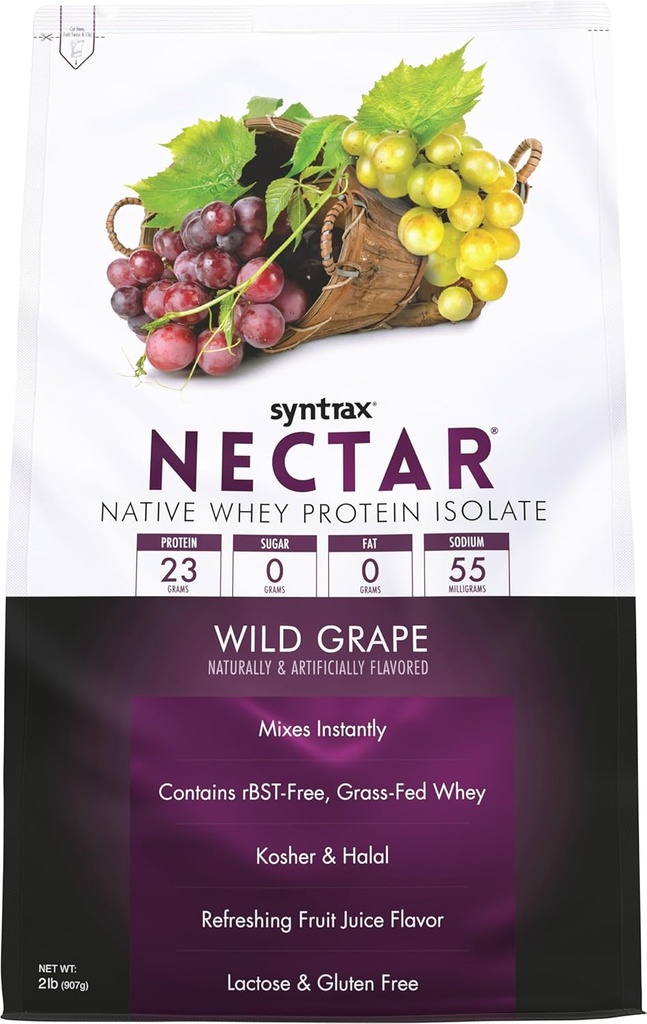 Syntrax Nutrition Nectar, 100% Whey Protein Isolate Powder, Forfriskende frugt Juice Flavor, Wild Grape, 2 lbs.