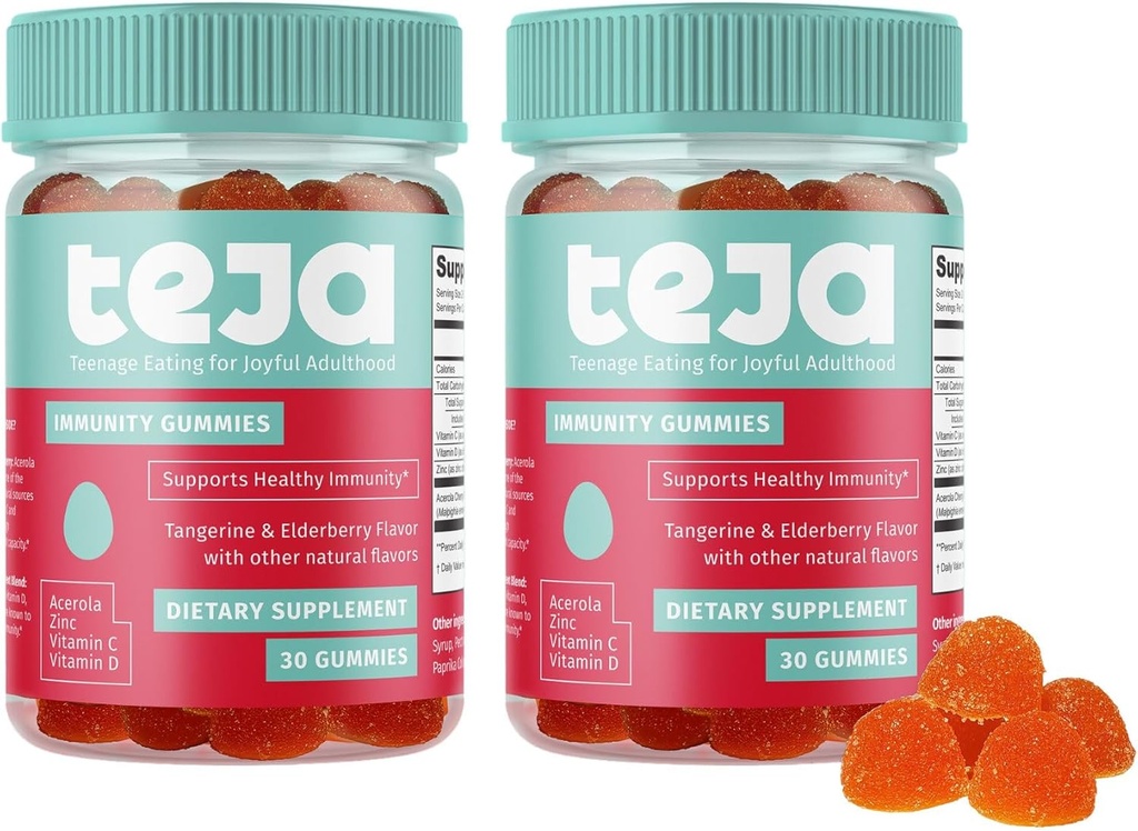 TEJA immunsupportgummier til Teens med D-vitamin, VIT C, Zink og Acerola. Lavt sukker supplement, Daglig Immunitet Multivitamin til alder 12- 17 Teenagere til voksne. 30 Gummies (2 Pack)