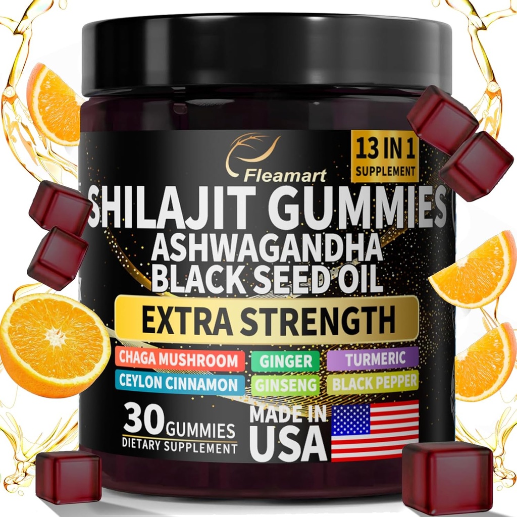 Shilajit Gummies, Shilajit Pure Himalayan Gummies med Ashwagandha, Black Seed Oil, Sugar Free Shilajit Gummies for Mænd & Kvinder, 30 Greve, Orange Flavor