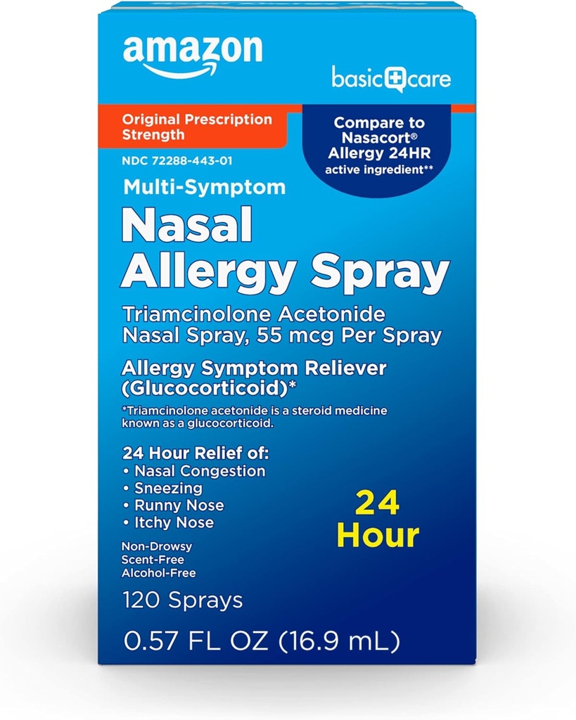 Basic Care 24 Hour Allergy Nasal Spray, Triamcinolone Acetonid 55 mcg per spray, Allergi Medicine, Non- Drowsy, 0,57 fl oz (pakning med 1)