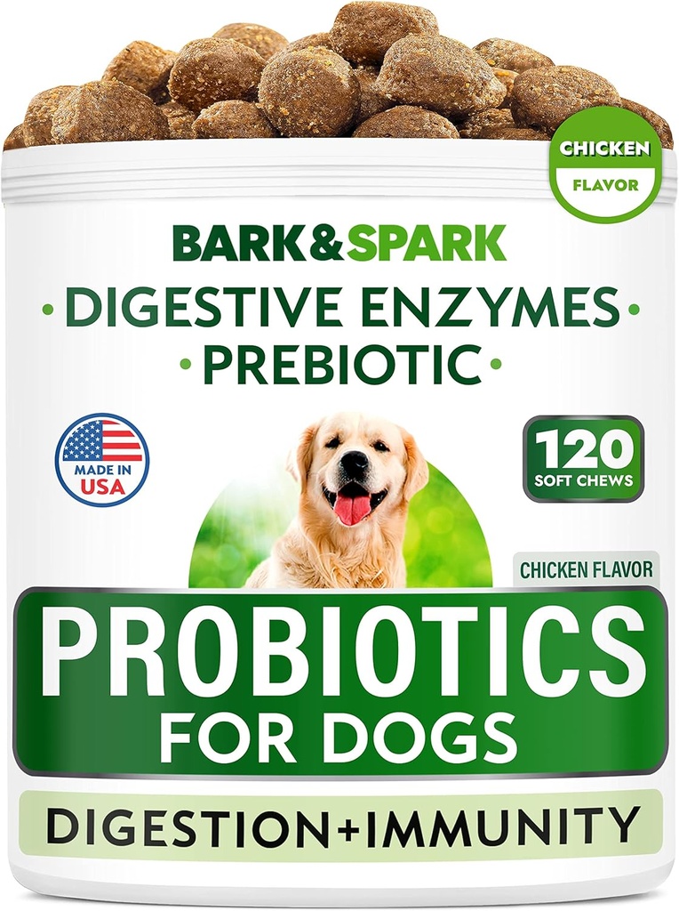 BARK&SPARK Dog Probiotic Chews - Gas, Diarrhea, Allergies - Enzymes + Prebiotics - Chewable Fiber - Digestion, Immunity - USA Made - 90 Ct - BeefLiver