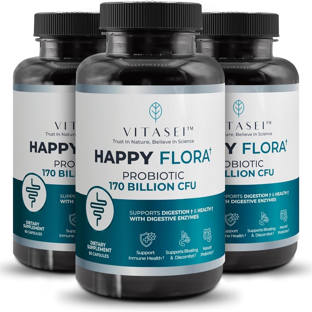 VITASEI Happy Flora, Probiotisk Supplement 170 Millioner CFU til en sund Gut Sundhed med enzymer til fordøjelse, probiotika for kvinder og mænd, 3 Flaske - 180 Kapsler
