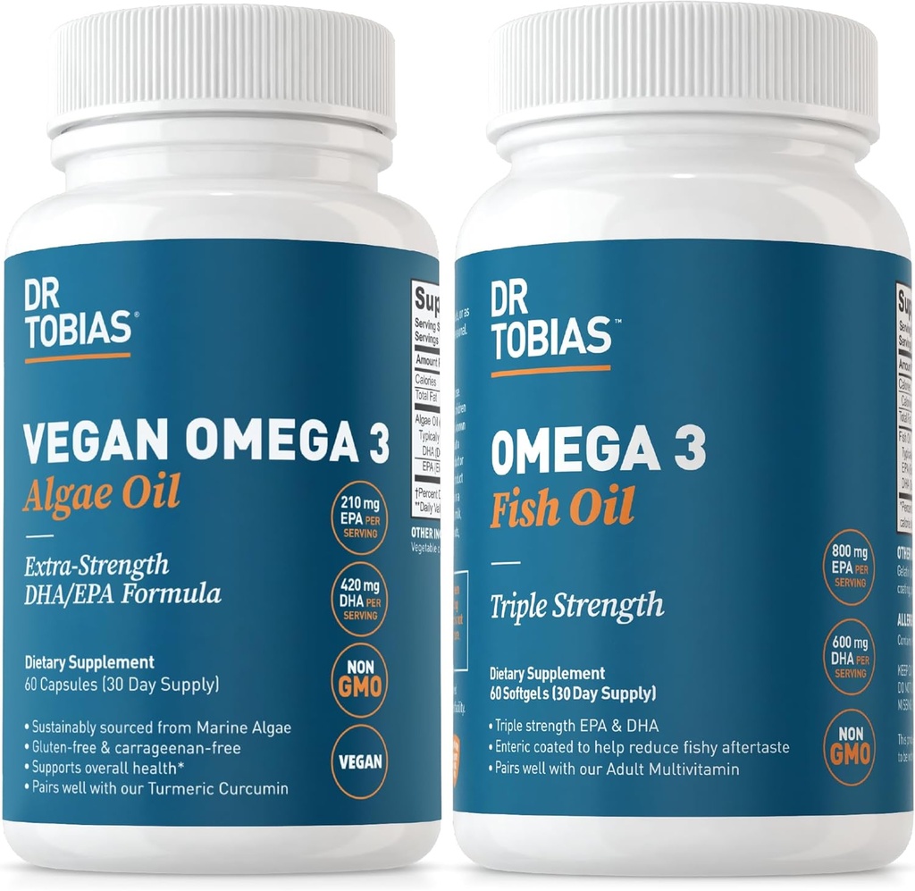 Dr. Tobias Vegan Omega 3 Alger Oil og Omega 3 Fish Oil, 2 muligheder for Omfattende Fedtsyrestøtte, Non- GMO