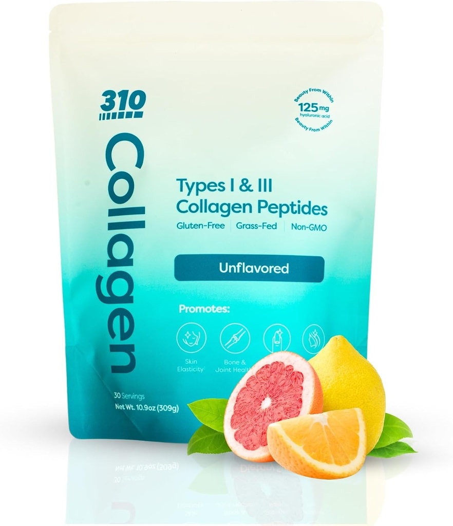 310 Nutrition Hydrolyzed Collagen Peptider Pulver til kvinder & mænd - Grass- Fed Collagen Supplement w / Hyaluronsyre, Resveratrol, C-vitamin, D & E for hud, hår og negle - 30 SRV Uden smag