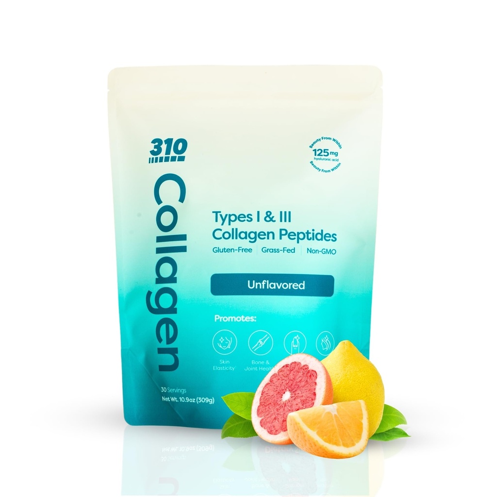 310 Nutrition Hydrolyzed Collagen Peptider Pulver til kvinder & mænd - Grass- Fed Collagen Supplement w / Hyaluronsyre, Resveratrol, C-vitamin, D & E for hud, hår og negle - 30 SRV Uden smag