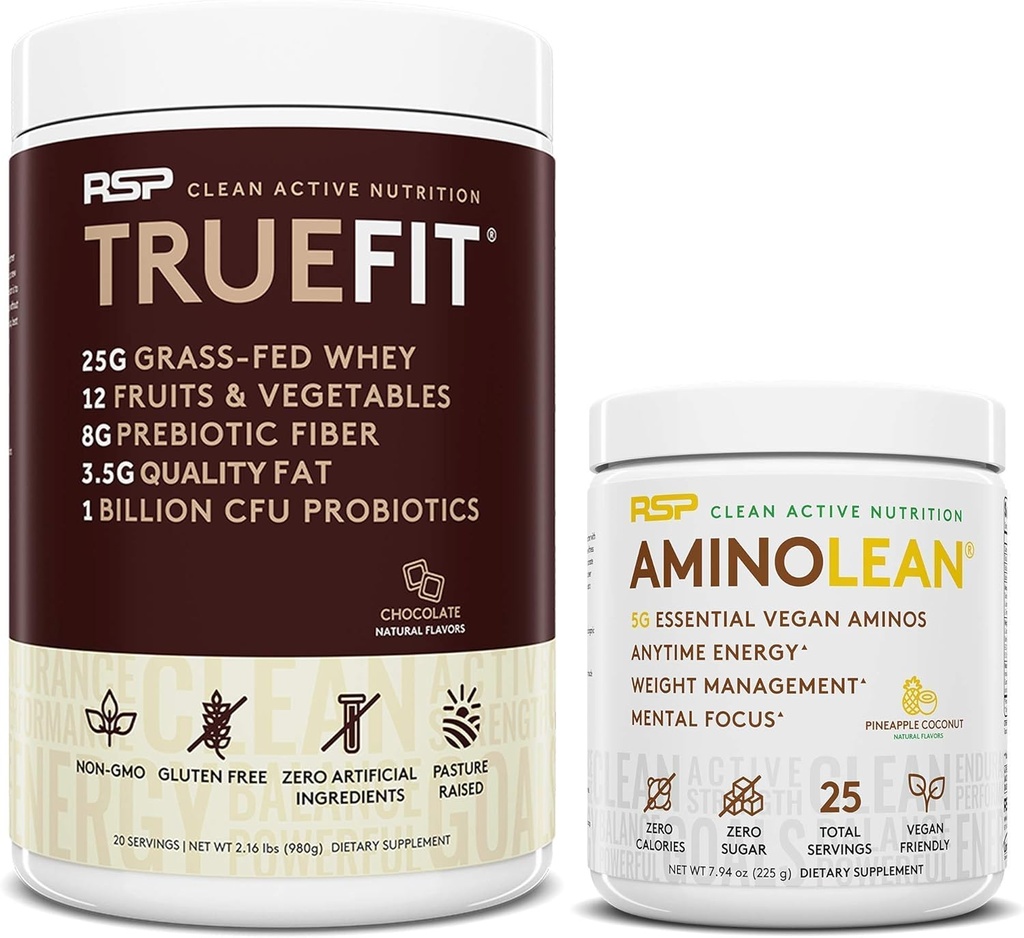 RSP NUTRITION Vegan AminoLean Pre Workout Energy (Ananas kokos 25 Servere) med TrueFit Protein Powder (Chokolade 2 LB)