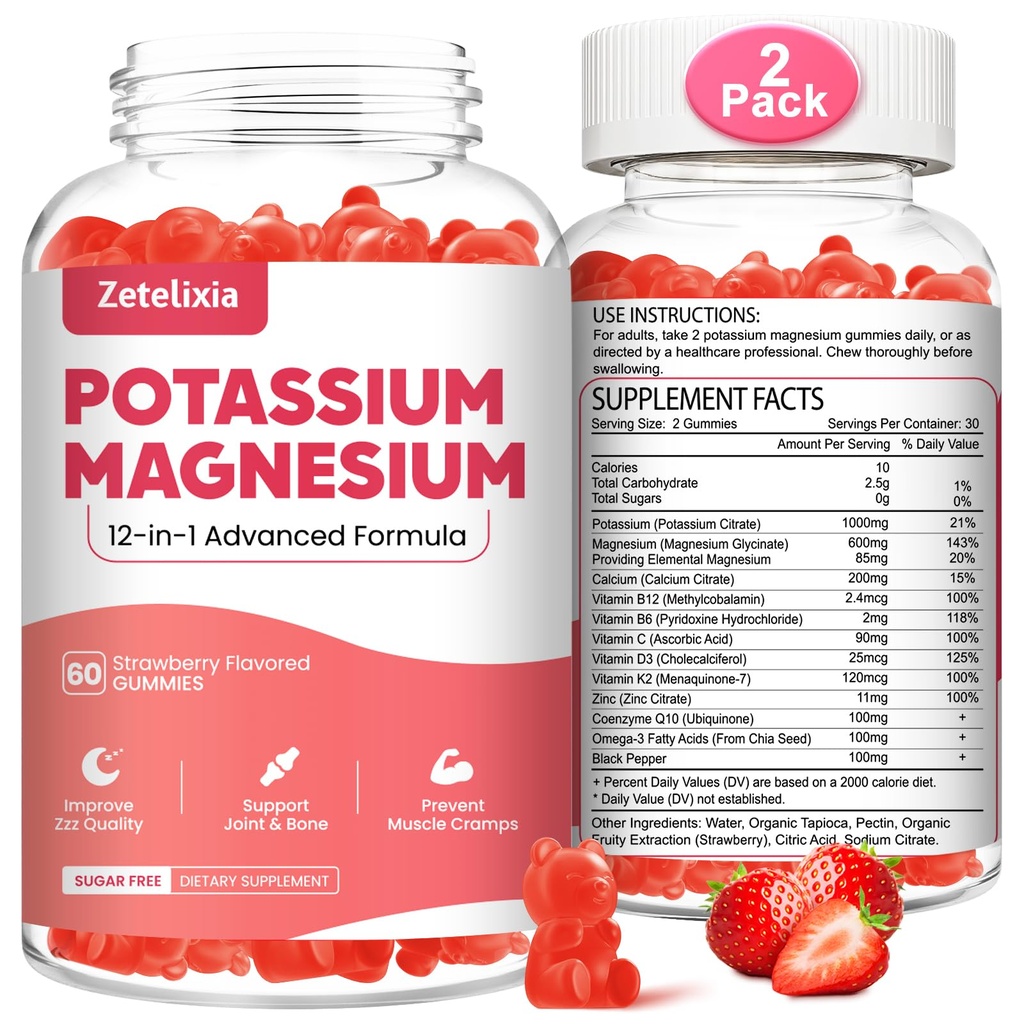 2 Pack Kalium Magnesium Supplement Gummies for voksne børn, Magnesium Glycinate & Kalium Citrate, Plus Multivitamin, Omega-3 & Black Pepper, Ben kramper, Muskel & hjerte sundhed, 120 Tæl