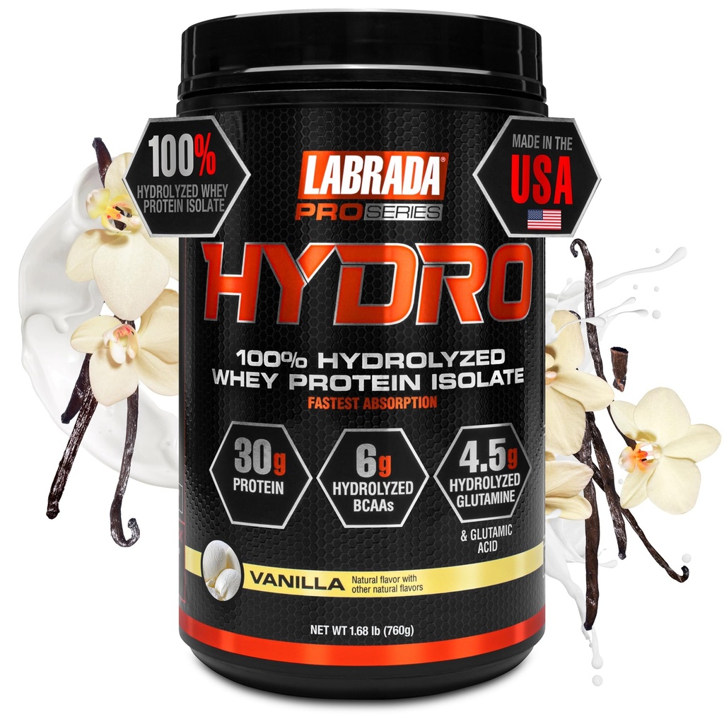 Labrada Hydro 100% Pure Hydrolysed Whey Protein Isolate Powder, Lactose Free, 6g BCAA s, 4.5g Glutamin, Fastest Digesting Whey Tilgængelig, Instant Mixing, Lækker Taste 20 Servere (Vanilla)
