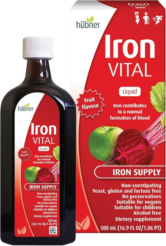 Hübner Hubner Iron Vital Liquid Iron Supply Plus C-vitamin, Kosttilskud til voksne og børn, Vegan og Gluten- fri, Frugt Flavor, 500 ml flaske, 50 Servering
