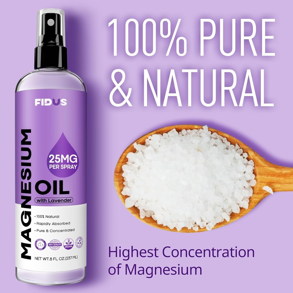 Fidus 100% Pure Magnesium Oil Spray with Lavender - Big 8 fl oz Topical Magnesium Chloride for feet, Organic Natural Magnesium Spray from Ancient Zechstein Seven Seabed Minerals