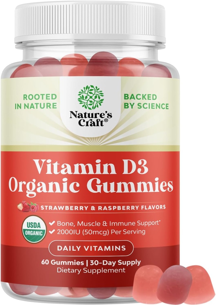 Organic Vitamin D3 Gummies for Women & Men - Vitamin D Gummies 2000IE per servering for ben sundhed, muskler og immunforsvar - Non- GMO supplement til voksne - Gelatine & Gluten Free - 60 Gums