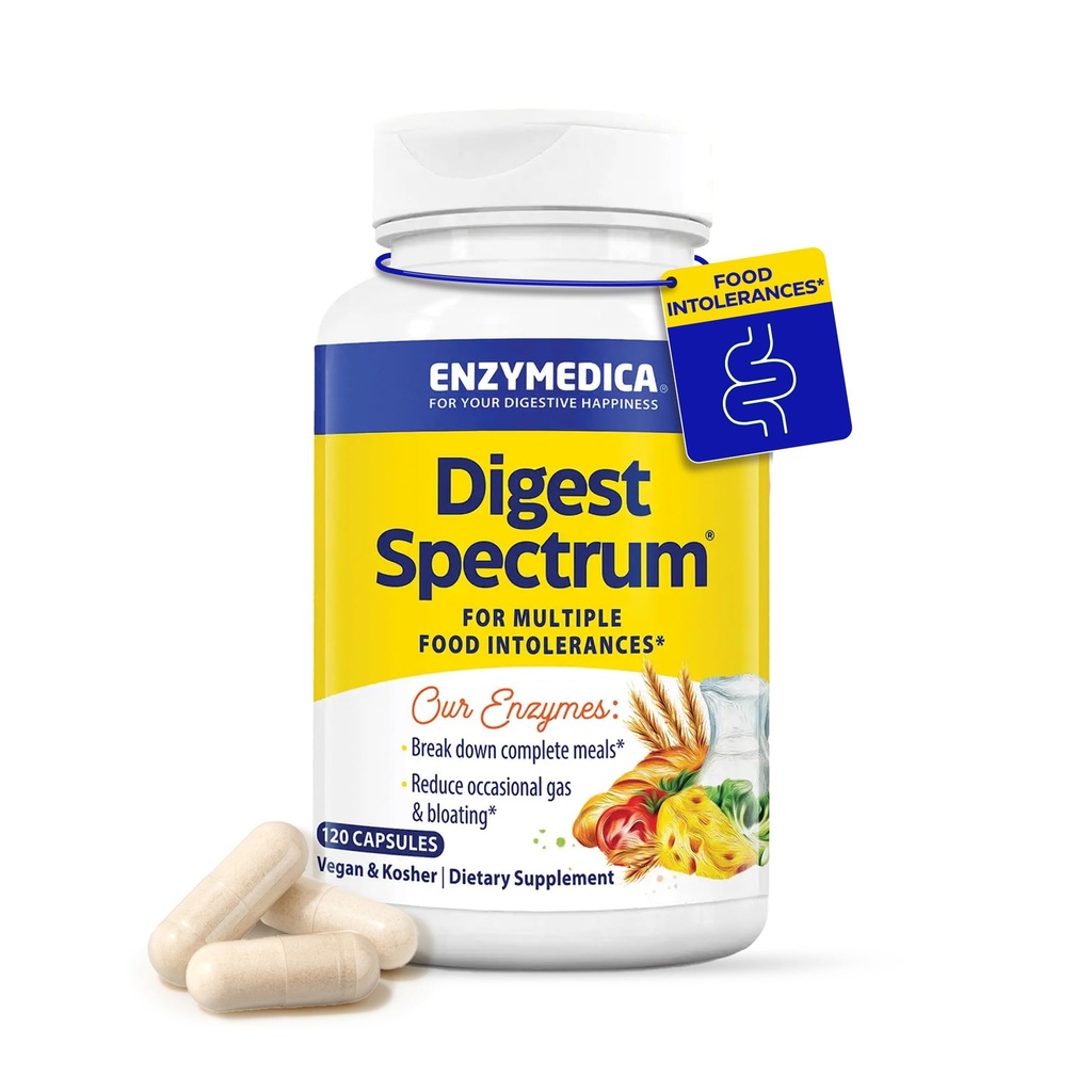 Enzymedica Digest Spectrum - Digestive Enzyme Supplement for Women & Men, Enzymes for Digestion, Gut Health, & Multiple Food Intolerances, Targets Gluten & Lactose, Helps Gas & Bloating - 120 Caps