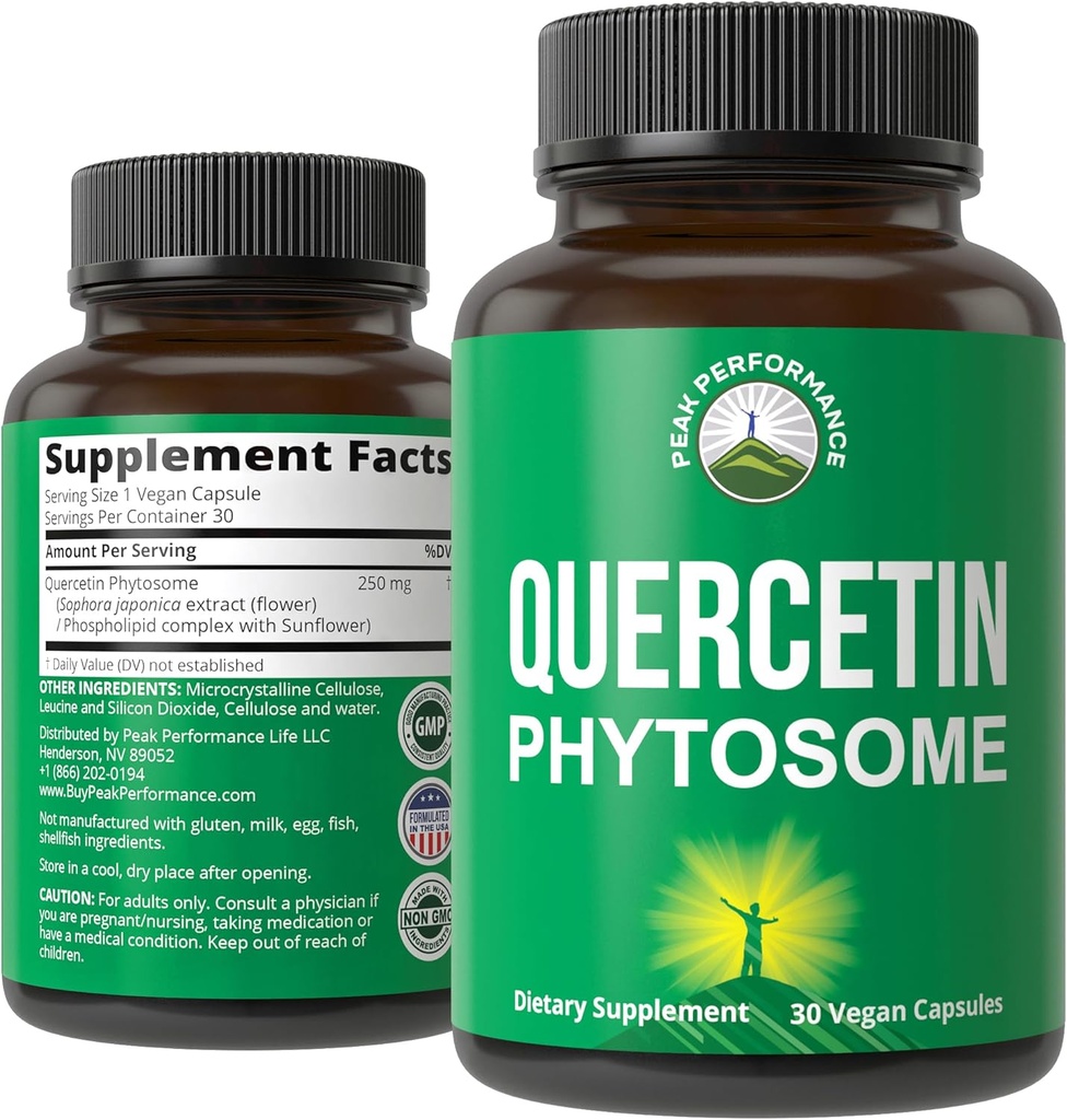 Peak Performance Ultra Pure Quercetin Phytosome Vegan Capsules - Rich Sophora Japonica Extract for Max Absorption Now. Quercetin 250 mg Supplement Kapsler. Fremstillet i USA