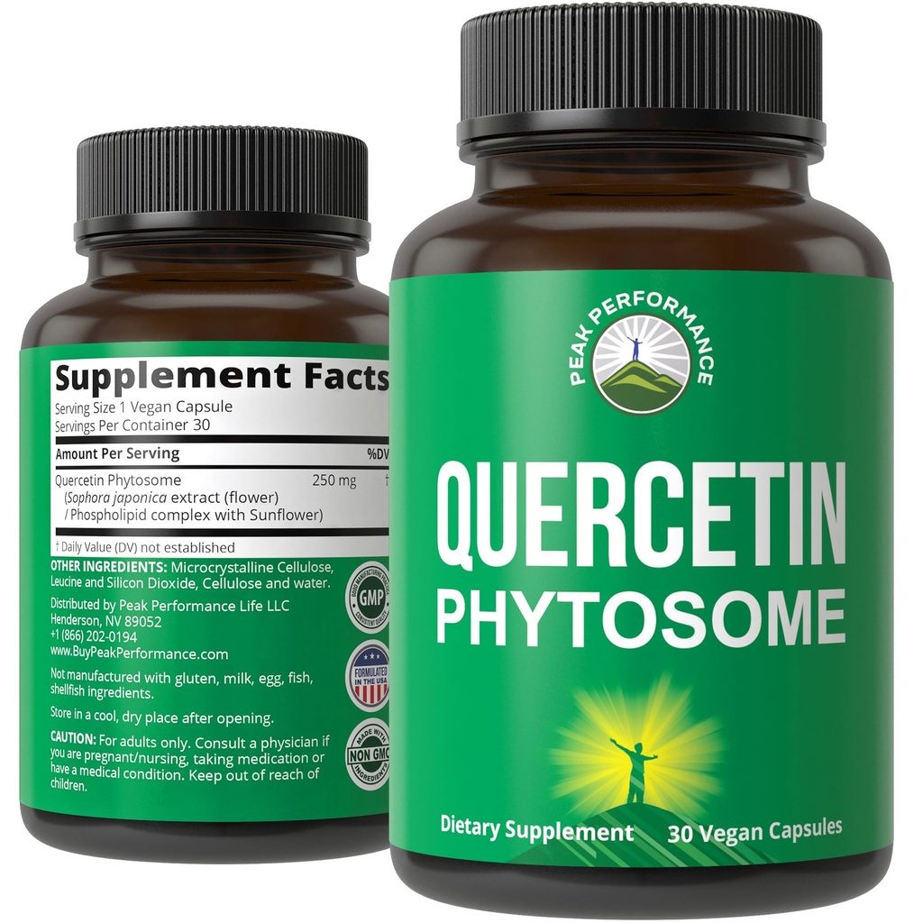 Peak Performance Ultra Pure Quercetin Phytosome Vegan Capsules - Rich Sophora Japonica Extract for Max Absorption Now. Quercetin 250 mg Supplement Kapsler. Fremstillet i USA