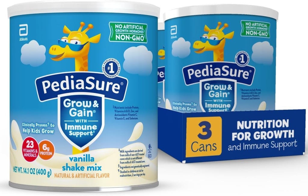 PediaSure Grow & Gain med immunforsvar Ryst Mix Powder, 23 Vitamin & Min, 6g Protein, Non- GMO, Gluten- Free, Vanilla, 14.1 oz Can, Pack af 3-24 portioner