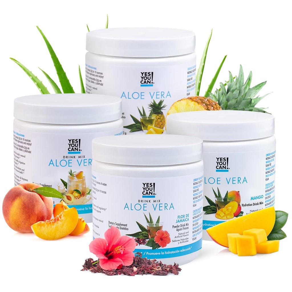 Ja, du kan! Aloe Vera Powder Drink Mix - Hydration Booster Infunderes med Pure Organic Aloe Vera Extract - Lækre flavors - Lavet i USA - Antioxidant Rich - Vatiety Flavor - 40 Servere Per Canister (4 Pack)