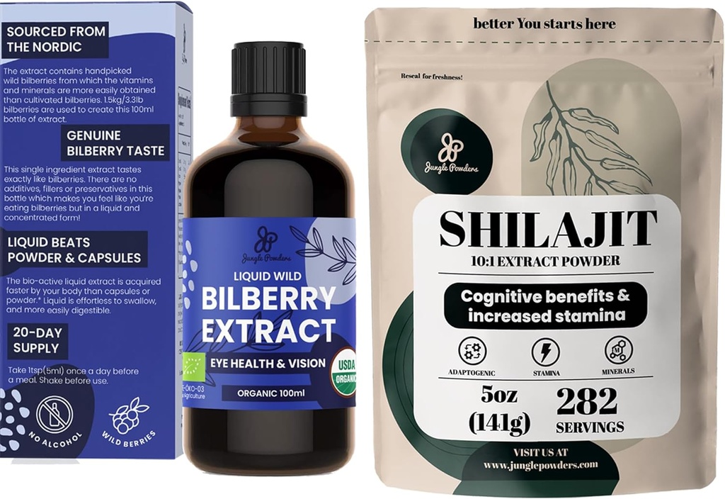 Jungle Powders Organic Wild Bilberry Extract for Eyes Bilberry Supplement for Eyes, Shilajit Powder til mænd 10: 1 Extract immunsupport Energy Supplement