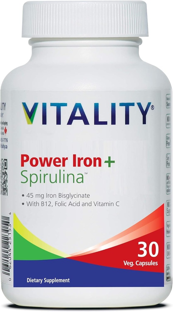 Vitality Power Iron + Spirulina • 124; 45mg Jern • 124; Blood Builder • 124; Iron Dificiency Support • 124; Vegan • 124; All Natural Supplement • 124; Let på Mave • 124; 30 Kapsler