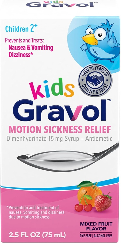 Gravol Kids Flydende til motion Sygdom Relief og Kvalme Forebyggelse, 2,5 fl oz (75 ml)