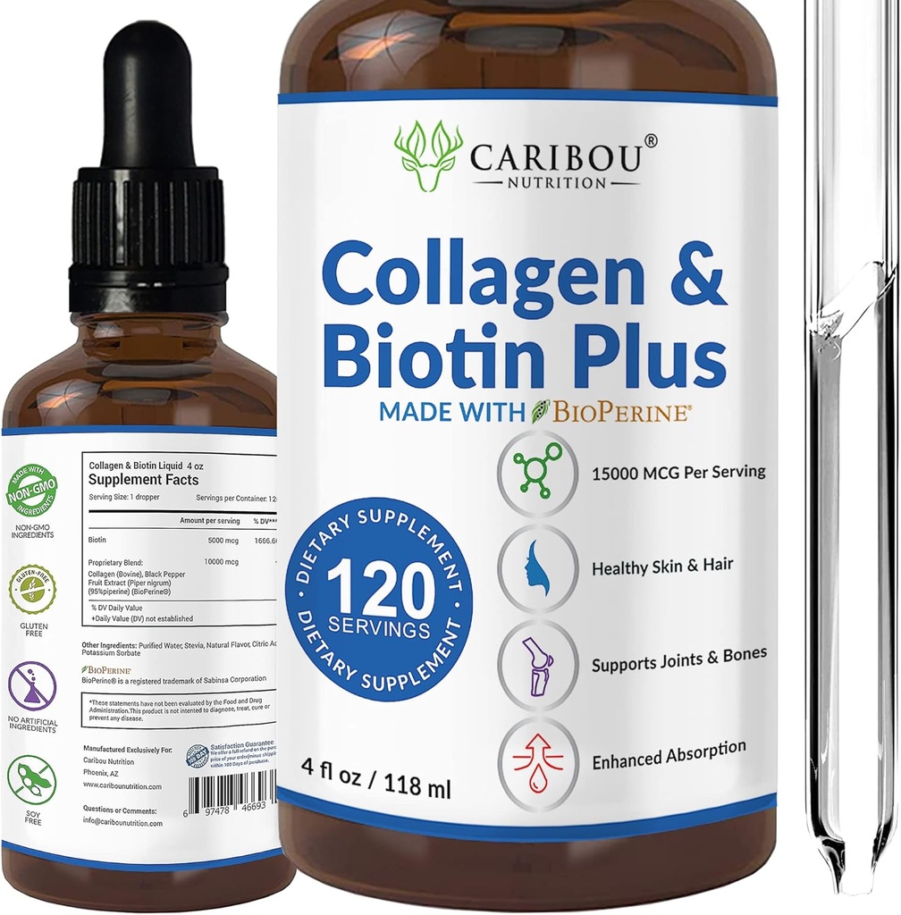 Flydende collagen & Flydende biotin med BioPerine For forbedret absorption - 10000mcg Collagen Flydende & 5000mcg Biotin Flydende - Flydende collagen til kvinder -4 måneder levering af biotin og collagen kosttilskud