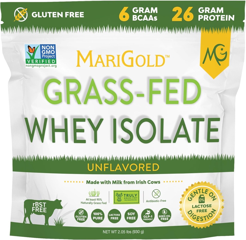 MariGold Grassfed Whey Isolate Protein Powder - Unflavored 2LB - Muscle Building & Recovery - 100% Ren, kold forarbejdet, Micro Filtreret, Non- GMO, rBGH Free, Soy Free, Gluten Free, Lactose Free