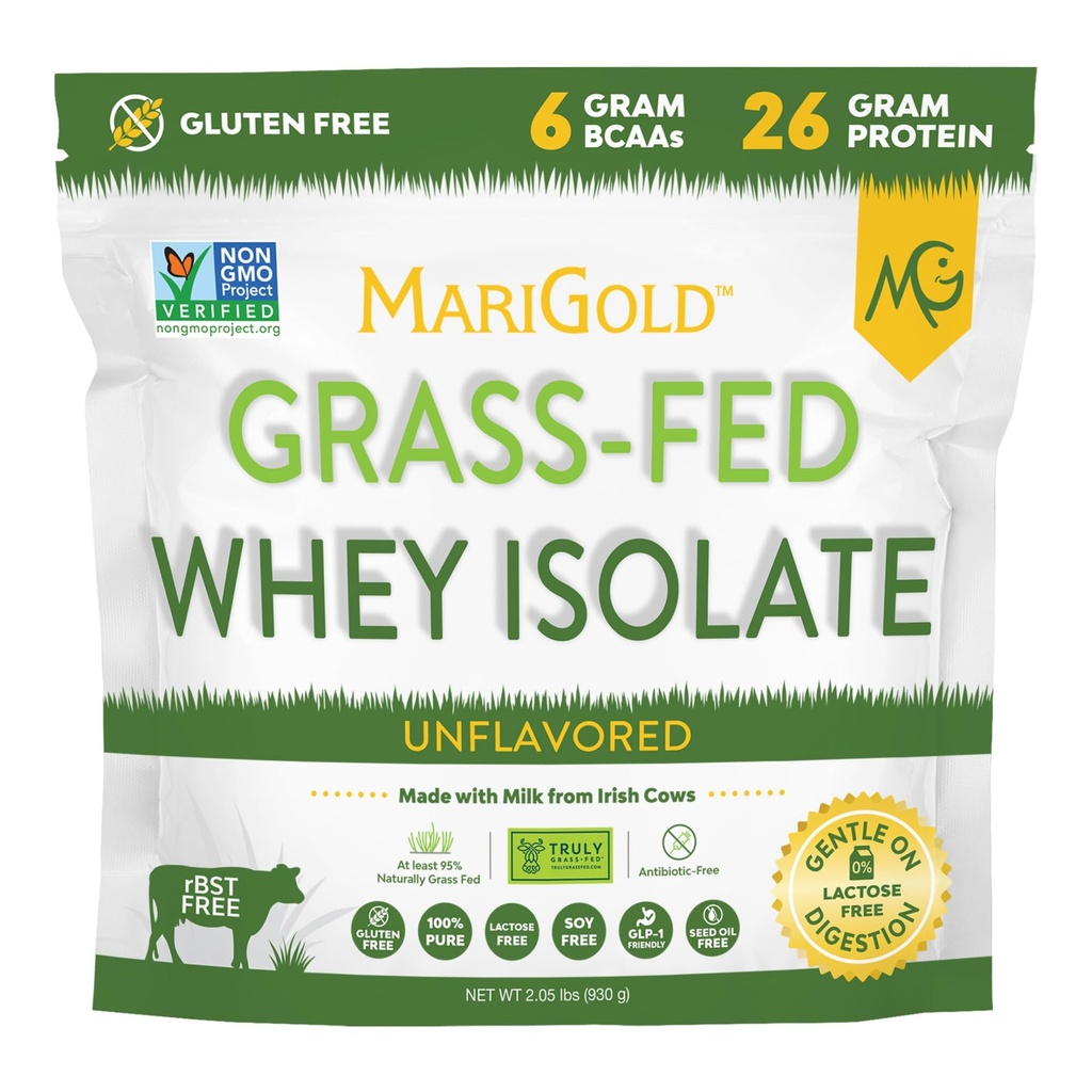 MariGold Grassfed Whey Isolate Protein Powder - Unflavored 2LB - Muscle Building & Recovery - 100% Ren, kold forarbejdet, Micro Filtreret, Non- GMO, rBGH Free, Soy Free, Gluten Free, Lactose Free