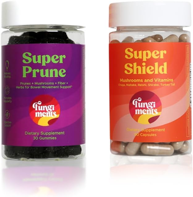 Fungiments Mushroom Kosttilskud, Fordøjelse / Immunitet Bundle, Super Prune 30 Count Gummies + Super Shield 60 Count Kapsler