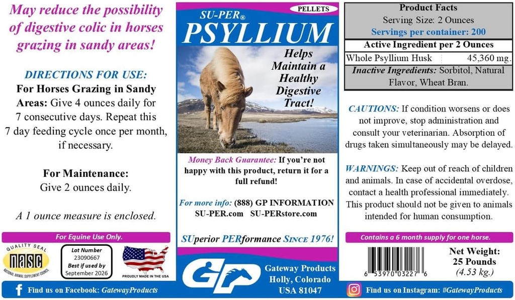 SU- PER Psyllium Pellets Equine Supplement - vedligeholder sund fordøjelsesmetode i heste - understøtter fjernelse af sand & snavs fra intestinal tract - 25 Pound, 6 Måned Supply