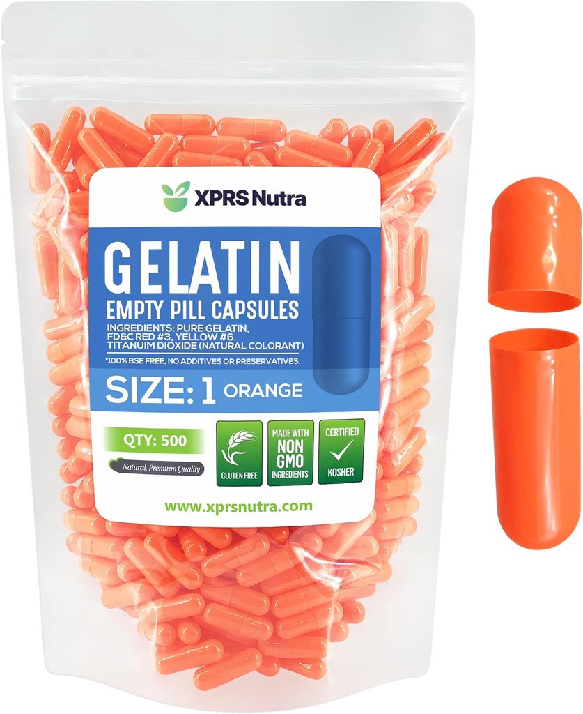 XPRS Nutra Størrelse 1 Tomme kapsler - 500 Tomme Gelatine kapsler - Pille gør det - Pure Bovin Pill Gel Caps til Do- It- Yourself Kosttilskud (Orange)