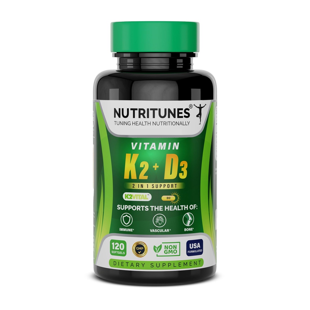 Vitamin D3 K2- 5000 IE D3 & 100 mcg K2 MK- 7 - Understøtter ben, hjerte og immunforsvar - K2 D3 Vitamin supplement - 120 Softgels, 4 måneders forsyning