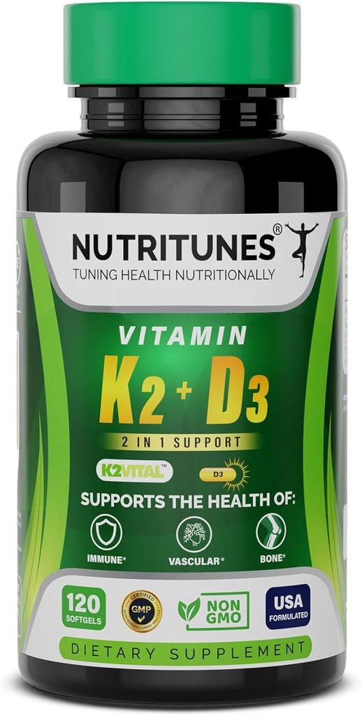 Vitamin D3 K2- 5000 IE D3 & 100 mcg K2 MK- 7 - Understøtter ben, hjerte og immunforsvar - K2 D3 Vitamin supplement - 120 Softgels, 4 måneders forsyning